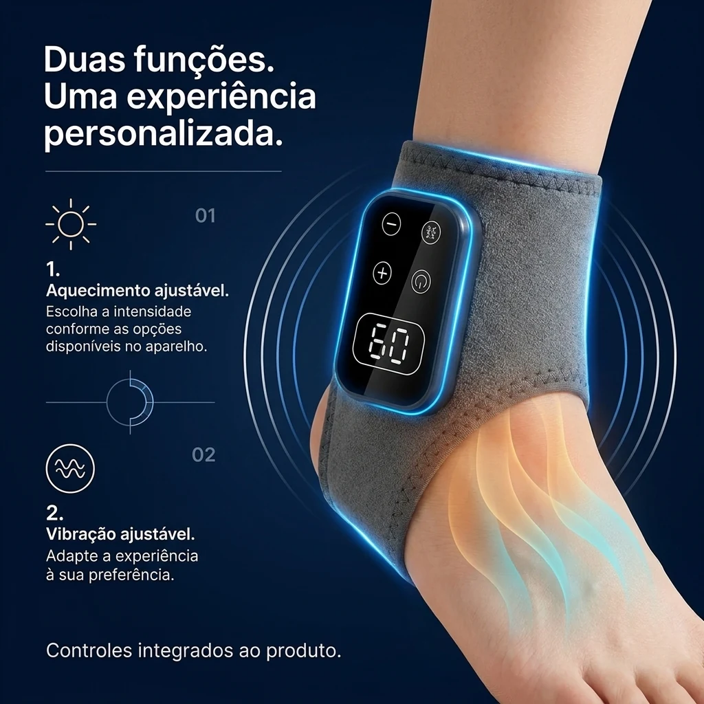 Massageador no tornozelo com ilustrações de calor e vibração ao redor do painel