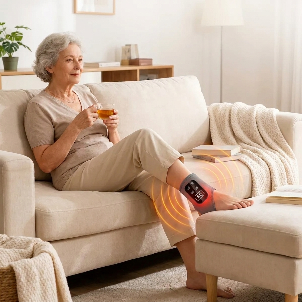 Mulher tomando chá no sofá com o massageador no tornozelo