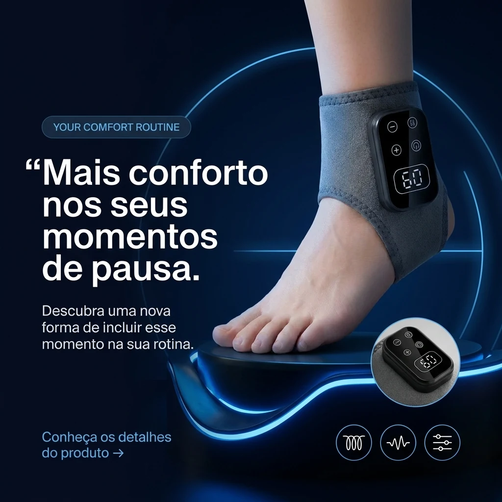 Pé com o massageador HeatFlex ajustado ao tornozelo sobre uma base iluminada