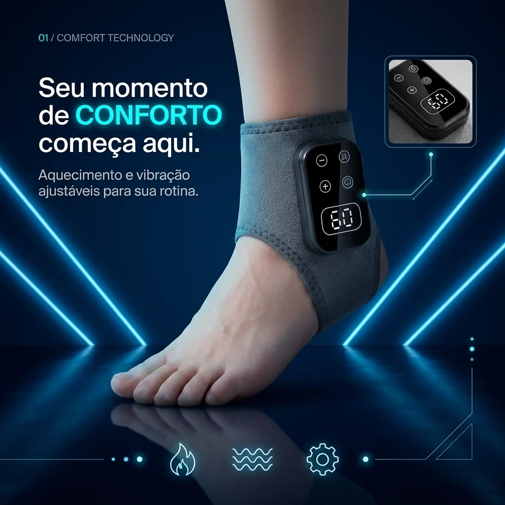 Massageador HeatFlex no tornozelo com o painel de controle em destaque