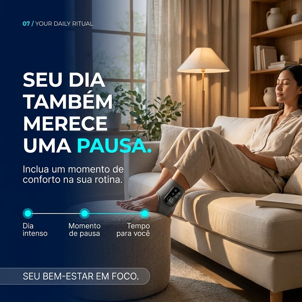 Mulher relaxando no sofá com o massageador HeatFlex no tornozelo